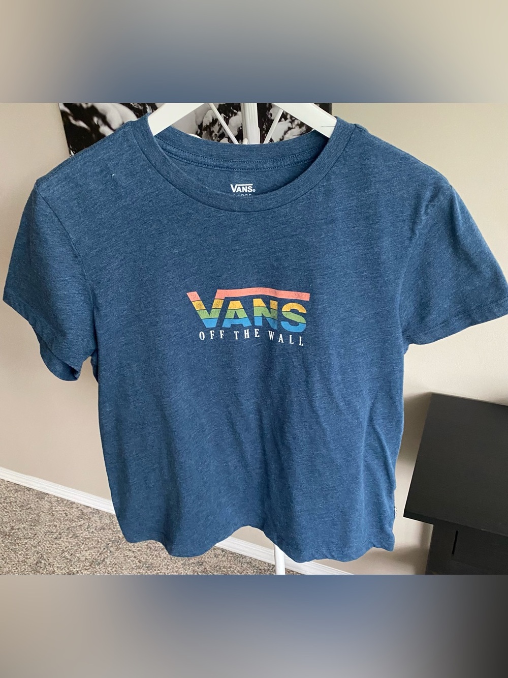 Womans Navy Blue Tee with Rainbow Striped Logo